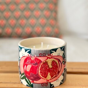 Pomegrante Decorative Soy Wax Candle, Essential Oil Candle, Hand Painted Ceramic Candle, Bathroom Candle, New Home Gift, Aromatherapy Gift
