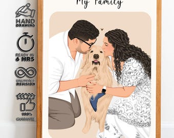 Custom Family Portrait with Dog, Couple Portrait from Photo, Personalized Pet Portrait, Dog Lover Gift, Family Illustration, Custom Drawing