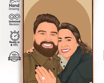Custom Couple Portrait from Photo, Personalized Hand Drawn Illustration, Engagement Gift for Couple, Unique Wedding Anniversary Decor