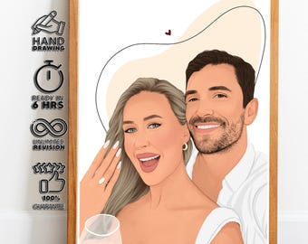 Custom Engagement Couple Portrait Ring Reveal Minimalist Faceless Illustration Print