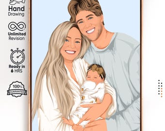 Custom Faceless Family Portrait • Hand Illustrated Digital Art • Newborn Baby Gift • Personalized Couple Portrait • Printable Wall Art Gift