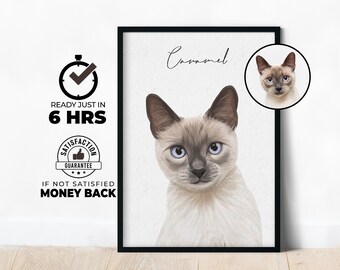 Custom Pet Portrait, cat Portrait, digital cat drawing to Print on Poster or Canvas for gift, gift for her, gift for him