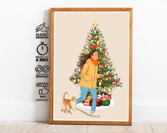 Custom Christmas Illustration Girl With Cat Cozy Holiday Artwork