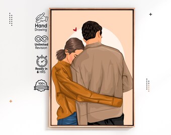 100% Hand-Painted Painting, Digital Couple Portrait from Photo, Custom Drawing Gift for Wife Husband Parents Girlfriends, Engagement Gift
