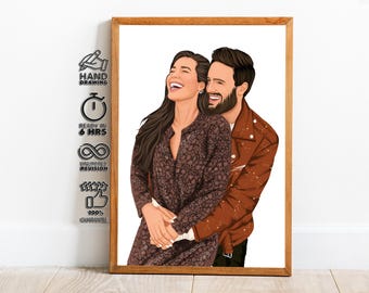 Ilustración personalizada de retrato de pareja, arte mural minimalista romántico, regalo de aniversario personalizado