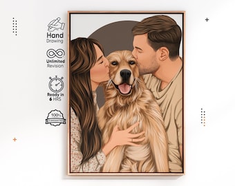 Custom Couple Portrait with Dog from Photo, Personalized Pet Portrait, Dog Lover Gift, Anniversary Gift, Custom Family Illustration