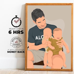 Ritratto di papà e figli, regalo speciale per la festa del papà, ritratto di cartone animato personalizzato, opera d'arte personalizzata per papà, arte murale di famiglia unica, ricordo per papà