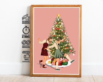 Joyful Christmas Illustration of Two Women Celebrating Near Festive Tree