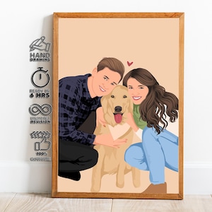 Könnte beinhalten: Gerahmte Illustration eines Paares mit einem Golden Retriever. Der Mann trägt ein blaues kariertes Hemd und eine schwarze Hose, die Frau ein grünes Oberteil und blaue Jeans. Der Text enthält: "HAND DRAWING", "READY IN 6 HRS", "UNLIMITED REVISION" und "100% GUARANTEE".