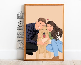 Custom Family Portrait with dog, Cartoon Portrait, Gift For Father, Faceless Portrait Print, Family Illustration , gift for her, faceless