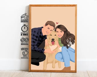 May include: A framed illustration of a couple with a golden retriever dog. The man wears a blue plaid shirt and black pants, while the woman is in a green top and blue jeans. The artwork includes text: "HAND DRAWING", "READY IN 6 HRS", "UNLIMITED REVISION", and "100% GUARANTEE".