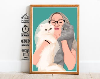 Custom Pet Portrait from Photo, Couple Portrait with Cats, Personalized Pet Illustration, Cat Mom Gift, Digital Portrait Drawing, Pet Lover