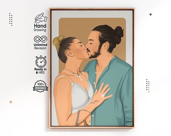 Custom Couple Kiss Portrait Engagement Ring Minimalist Illustration Romantic Print