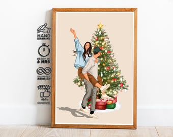 Custom Couple Christmas Portrait Piggyback Ride Near Festive Tree