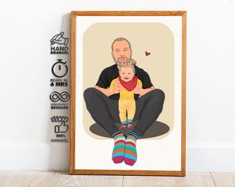 Custom Father Daughter Portrait, Personalized Dad and Baby Illustration, Fathers Day Gift, Family Portrait from Photo, Custom Line Art Print