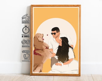 Custom Faceless Family Portrait with Dog Minimalist Cartoon Illustration Print