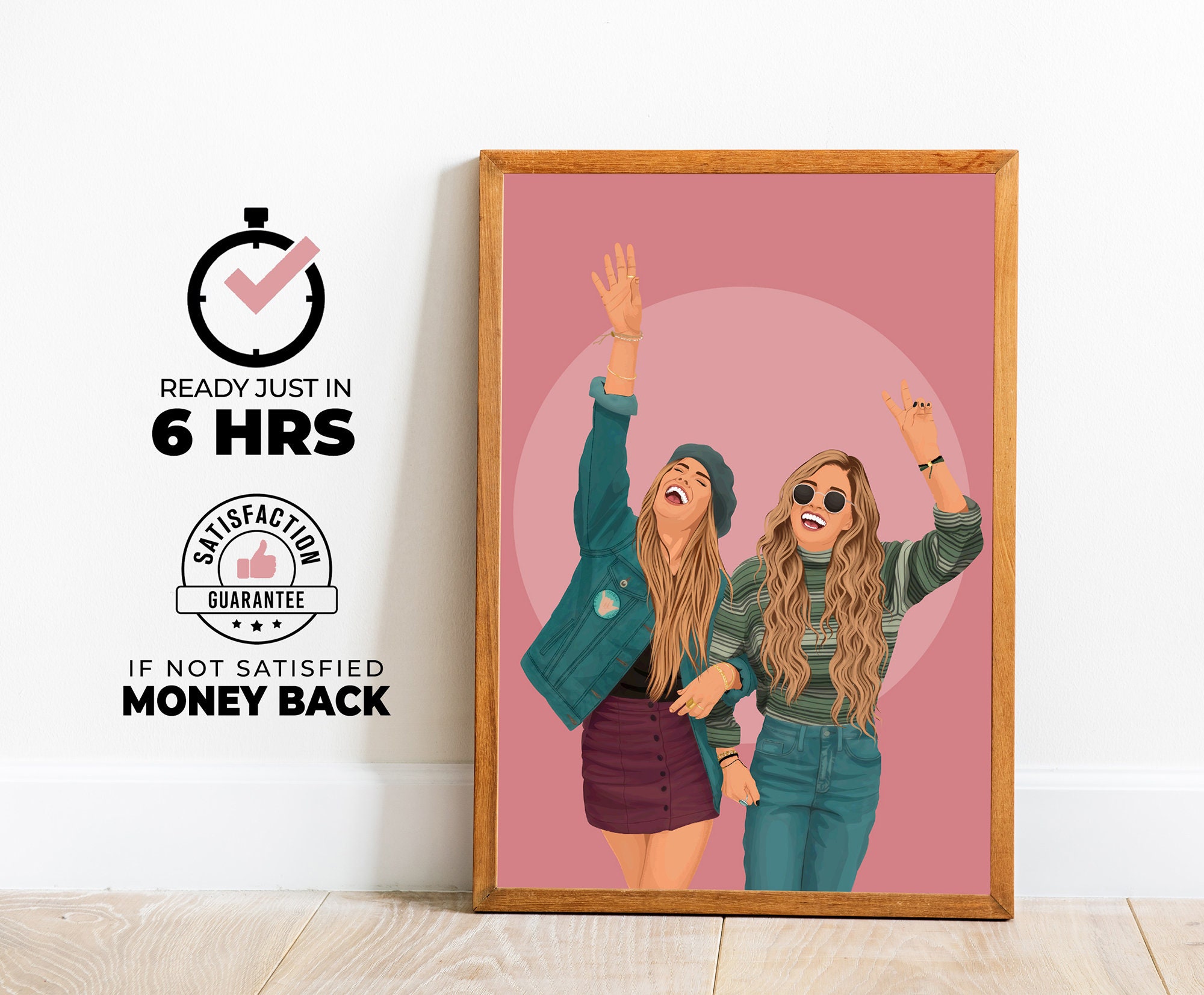 Best friend Cartoon Portrait, Birthday Gift for Her, Personalized Gift For friend, faceless portrait for bestie, minimal friendship gift