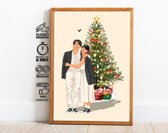 Christmas Couple Portrait Cozy Winter Love Scene Near Festive Tree Gifts