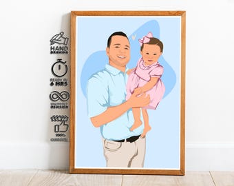 Custom Father and Daughter Portrait, Dad and Baby Illustration from Photo, Personalized Family Portrait, Father's Day Gift, Custom Drawing