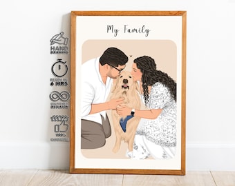 Custom Couple Portrait with Dog, Personalized Couple Gift from Photo, Dog Lover Gift, Anniversary Gift for Couple, Custom Pet Portrait