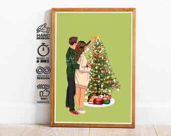 Custom Christmas Portrait Gifts of Couple Near Festive Tree Cozy Holiday Art