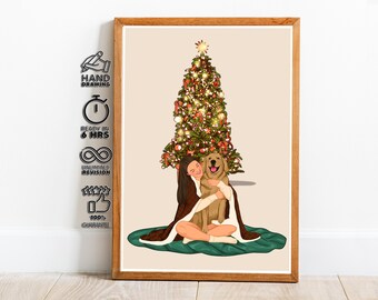 Custom Christmas Illustration of Girl With Dog by Festive Tree