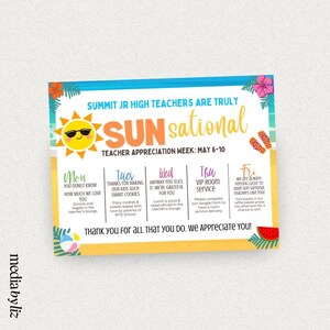 SUNsational Teacher Appreciation Week Flyer | Editable Canva Template | Printable Teacher Gifts | School Staff Appreciation Week Sign