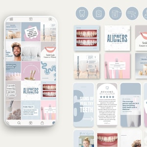 Kit per social media per ortodontisti e dentisti estetici / Post di Instagram, storie e copertine in evidenza per il marketing dentale / Personalizzabile
