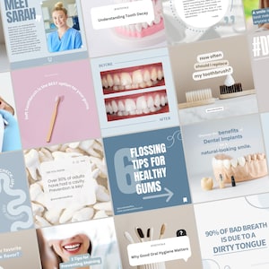 Modelli di social media odontoiatrici neutri, post di Instagram, storie e copertine in evidenza per dentisti, modelli Canva per la cura della salute orale