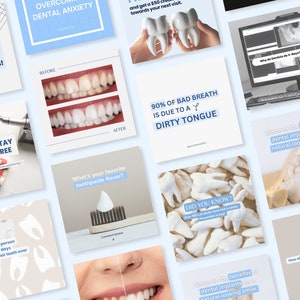 Modelli di social media Bright Dental, Reels e post di Instagram per dentisti, modelli Canva per sbiancamento dei denti, impianti + trattamento dentale