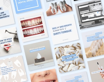 May include: A collection of social media posts about dental care. The posts feature images of teeth, toothbrushes, and dental tools. The text on the posts includes tips for staying cavity free, information about bad breath, and the benefits of dental implants.