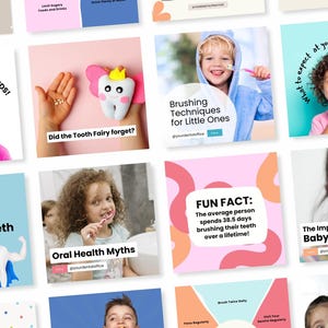 Modelli Instagram per dentisti pediatrici / Modelli Canva personalizzabili per dentisti per bambini / Suggerimenti per la spazzolatura, spuntini sani e contenuti coinvolgenti