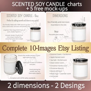 Modelo de vela de soja de 2 tamanhos, cartão de cuidados com velas, ferramenta de listagem Etsy, tabela de tamanhos de velas em potes, vela Sensed, modelo de produto POD Canva Tempalte Etsy