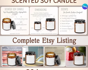 Jar Candle Mockups Bundle, Canva Customizable Mockup Template, Candle Care Card Product Information, Scented Soy Candle Multi-Size Amber Jar