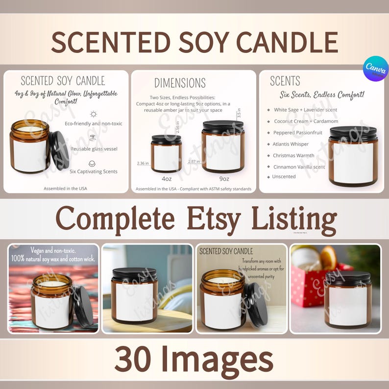 Jar Candle Mockups Bundle, Canva Customizable Mockup Template, Candle Care Card Product Information, Scented Soy Candle Multi-Size Amber Jar image 1