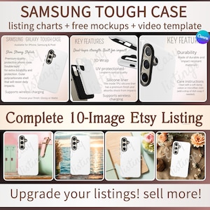 Può includere: Un mockup di una custodia Samsung Galaxy Tough Case bianca con un bordo nero. La custodia è mostrata in diverse ambientazioni, tra cui un tavolo, una spiaggia e in una mano. Il testo "Samsung Tough Case" è visualizzato nella parte superiore dell'immagine. Il testo "Complete 10-Image Etsy Listing" è visualizzato al centro dell'immagine. Il testo "Upgrade your listings! sell more!" è visualizzato nella parte inferiore dell'immagine.