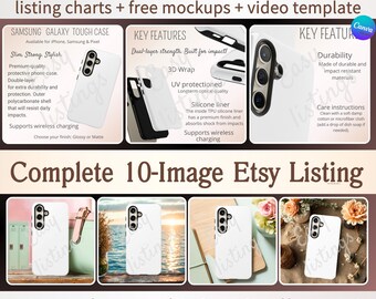 Szablon makiety etui na telefon, obrazy etui na telefony Samsung, tabela rozmiarów ofert nowych sprzedawców na Etsy, możliwość dostosowania Canva, tabela rozmiarów, tabela Printify