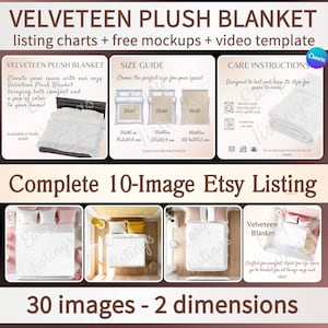 May include: A mockup of a white velveteen plush blanket on a bed with pink and white pillows. The image shows three different sizes of the blanket: 30x40 inches, 50x60 inches, and 60x80 inches. The image also includes a size guide and care instructions.