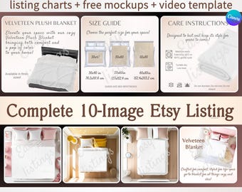Blanket Mockup Listing, Velveteen Plush Blanket Canva Template To Sell on Etsy, Size Chart & Care Card, Video Mock-up, Printify True Listing