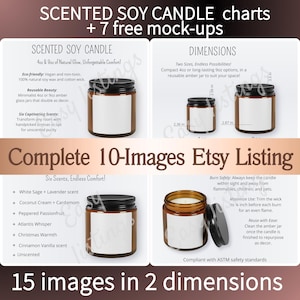 Modelo de vela âmbar, venda no Etsy Tabela de tamanhos e cartão de cuidados com velas de soja, modelos de sabores de velas POD, listagens de modelos Canva para marca de velas em jarras,
