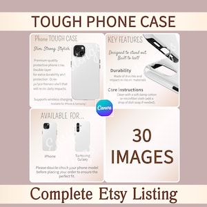 Può includere: Una custodia per telefono bianca con il testo "TOUGH PHONE CASE" e "COMPLETE Etsy Listing". La custodia è progettata per distinguersi ed è costruita per durare. Disponibile per iPhone e Samsung Galaxy. Realizzata con materiali durevoli e resistenti agli urti.