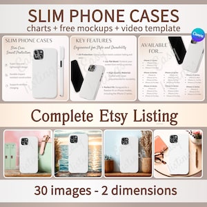 Modello Canva modificabile per mockup di custodie per cellulari, inserzioni POD per la vendita su Etsy, mockup video incluso, custodie per cellulari sottili, strumento Printify Real Charts.