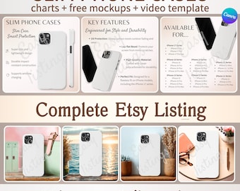 Makieta etui na telefon, edytowalny szablon Canva, oferty sprzedaży na Etsy, w tym wideo, smukłe etui na telefon, narzędzie do tworzenia wykresów Printify Real Charts