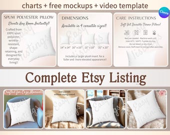 Szablon kompletnej oferty na makietę poduszki, kwadratowy poliester z nadrukiem, zestaw makiet Canva dla produktów POD do sprzedaży na Etsy i w serwisie Video