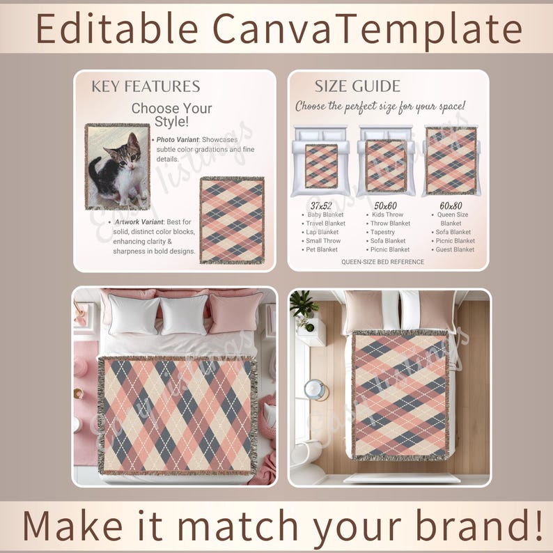 Woven Blanket Mockup Listing, Blanket Size Chart & Care Card, POD Woven Blanket Mock-ups, Woven Throw Canva Template for Etsy Listings. image 6