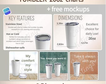 20oz Tumbler Mockup Canva Template, Editable Printify Sizing Chart, Etsy New Seller Listing Bundle and Video Mockup