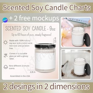2 tamanhos de maquete de vela de soja, cartão de cuidados com velas, ferramenta de listagem Etsy, tabela de tamanhos de velas em jarras, vela Sensed, maquete de produto POD Canva Tempalte Etsy