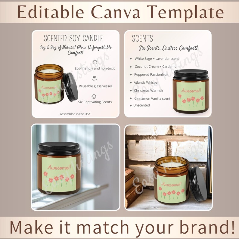 Jar Candle Mockups Bundle, Canva Customizable Mockup Template, Candle Care Card Product Information, Scented Soy Candle Multi-Size Amber Jar image 5