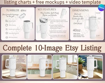 40oz Tumbler Mockup, Size Chart to Sell on Etsy, Editable on Canva Template Listing Mockup, POD Mock-up, Printify Tool and Video Mock Bundle