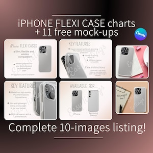 Phone Flexi Case Mockup, bearbeitbare Größentabelle, Verkäufer-Zeitsparer-Mockup-Auflistung, POD Canva anpassbares Kit, Vorlagen für Telefonhüllengrößen
